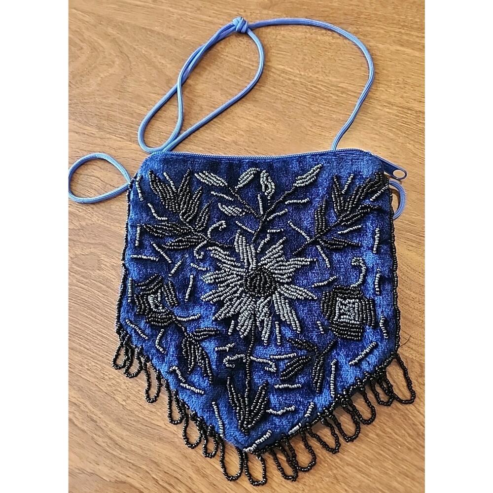 Vintage Navy Blue Velvet Beaded Crossbody Evening Bag Black & Silver Sequin